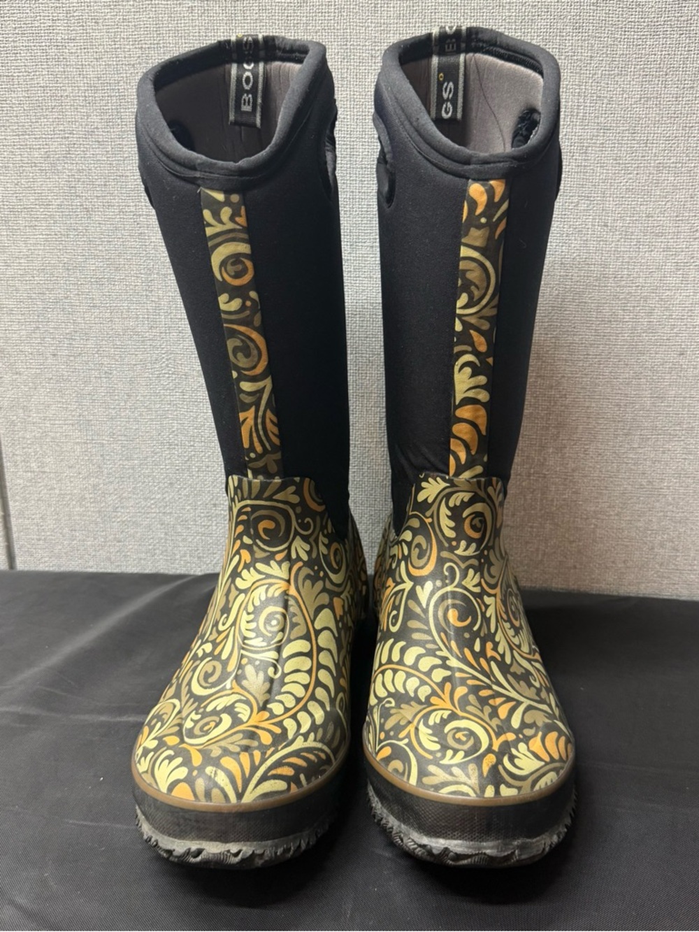 Bogs Black Tall Rain Boots with Olive and Gold Scroll Design - Picture 3 of 11